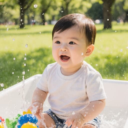 작은 욕조에 앉아 물놀이를 하며 장난감을 가지고 노는 귀엽고 사랑스러운 1세 한국 남자 아기의 반신 사진. 그는 편안한 면 티셔츠와 반바지를 입고 있으며, 푸른 잔디와 나무가 있는 공원에서 호기심 어린 표정을 지으며 주위를 바라보고 있습니다. 따뜻하고 즐거운 분위기가 느껴집니다.