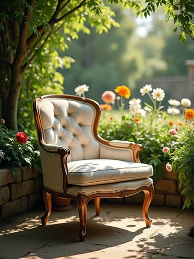 의자, 가구가 울창한 영국식 정원에 놓여 있으며, 평화롭고 초대하는 분위기.