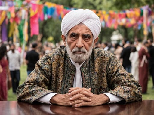 70대 중동계 남성이 자연스러운 주름과 슬픈 표정을 지으며 깊은 생각에 잠긴 모습의 반신 촬영. 그는 화려한 패턴의 겉옷과 흰색 터번을 착용하고 있으며, 회의실의 테이블에 손을 올려놓고 고개를 숙이고 있다. 배경은 전통 축제가 열리는 공원의 한쪽 구역으로, 화려한 깃발과 축제를 즐기는 사람들로 가득 차 있어 그의 사색적인 모습과 대조를 이룬다.