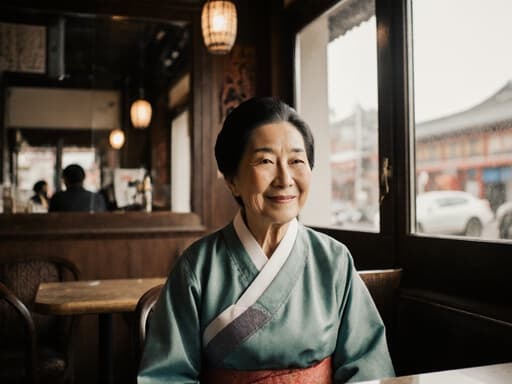 70대 혼혈 여성이 전통 한복을 입고 카페 테이블에 앉아 따뜻한 미소를 지으며 고풍스러운 장식이 있는 전통 건축 양식의 카페 내부에서 촬영된 매력적인 반신 샷.