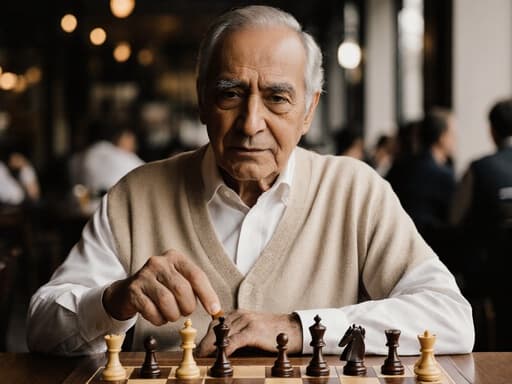 70대의 라틴계 남성이 자연스러운 외모로 흰색 셔츠와 베이지색 카디건을 입고 아늑한 카페 테이블에 앉아 있습니다. 그는 체스 말을 손에 쥐고 깊은 생각에 잠긴 채 먼 곳을 바라보고 있습니다. 카페의 따뜻한 내부는 다른 손님들이 대화하는 모습으로 활기차면서도 사색적인 분위기를 자아냅니다.
