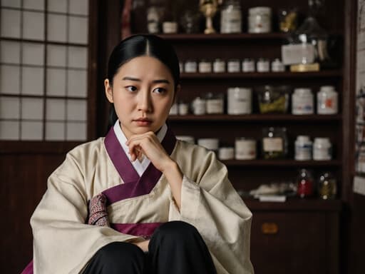 10대 초반의 혼혈 소녀가 전통 한복을 입은 한의사 의상으로 반신 촬영된 모습입니다. 그녀는 다리를 뻗고 앉아 턱을 손으로 괴고 있으며, 슬픈 표정으로 깊은 고민에 잠긴 듯한 감정을 나타내고 있습니다. 배경은 한의학 도구와 약재들이 정돈된 치료실로, 진정한 따뜻한 분위기를 연출하고 있습니다.