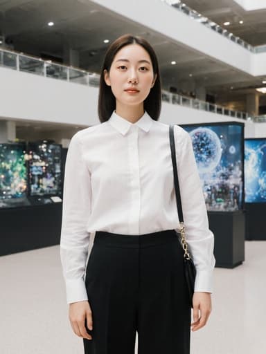 30대 한국인 여성의 반신 샷으로, 깔끔한 화이트 블라우스와 검은색 슬랙스를 입고 편안한 표정을 짓고 있습니다. 한쪽 어깨에 가방을 메고 자연스럽게 서 있는 모습이 과학 박물관의 전시 공간을 배경으로 하여 지식의 발견을 더욱 부각시킵니다.