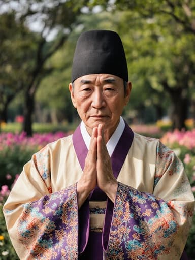70대 한국인 남성이 전통 한복을 입고, 고요한 공원에서 나무와 꽃들 사이에서 슬픈 표정을 지으며 두 손을 모아 정중하게 인사하는 모습의 반신 사진입니다.