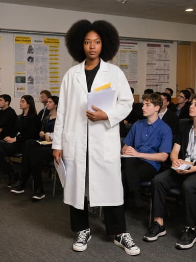 학술 회의실에 서 있는 10대 후반의 흑인 여성으로, 세련된 연구복과 편안한 운동화를 착용하고 있습니다. 한 손에는 연구 자료를 들고, 다른 손은 리듬을 타듯이 살짝 들어올리며 참여의 감정을 나타내고 있습니다. 배경에는 학술 포스터와 세미나를 듣고 있는 여러 참석자들이 있어, 학습과 협업의 활기찬 분위기를 만들어냅니다.