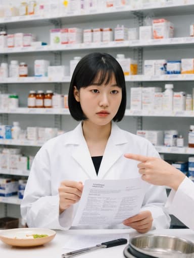 10대 초반의 아시아계 여성 약사가 불만스러운 표정을 지으며 약품 정보를 전달하는 모습, 한 손에 서류를 들고 다른 손으로 요리 도구를 가리키는 모습이 약국 상담실 배경에서 촬영되었습니다.