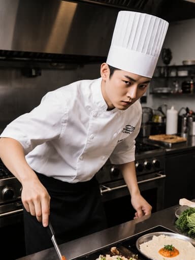 10대 초반 아시아계 남성 셰프가 클래식한 셰프 유니폼과 흰색 요리 모자를 착용한 풀 바디 샷입니다. 자연스러운 외모를 가진 그는 불안한 표정으로 앞에 있는 오븐을 주의 깊게 살피고 있습니다. 셰프는 점프하는 모습으로 작업에 집중하고 있는 모습을 보여줍니다. 배경에는 오븐이 두드러지게 위치한 분주한 주방 환경이 그려져 있어 역동적이고 진 authentic한 요리 장면을 연출하고 있습니다.