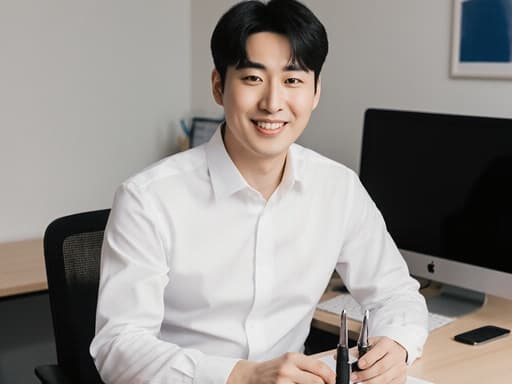 이 이미지는 30대 한국인 남성이 깔끔한 흰색 셔츠와 세미 정장 바지를 입고 현대적인 사무실에 앉아 있는 모습을 담고 있습니다. 그는 디자인 도구를 들고 집중하고 있으며, 깨끗한 책상과 컴퓨터를 배경으로 전문성과 매력을 발산하고 있습니다.