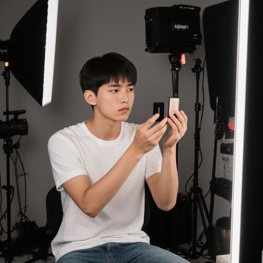 10대 초반의 혼혈 남성이 편안한 티셔츠와 청바지를 입고 거울을 보며 실망한 표정을 지으며 화장품을 바르는 모습, 다양한 장비가 배치된 사진관의 조명 아래에서 촬영된 이미지입니다.