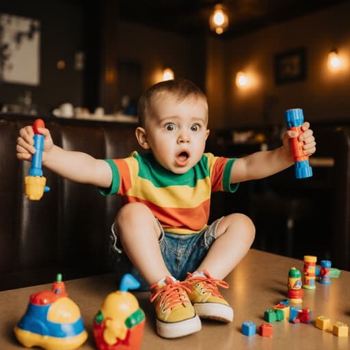 귀엽고 순수한 외모의 3세 백인 남성이 컬러풀한 티셔츠와 편안한 반바지를 입고, 장난감을 두 손으로 잡고 스트레칭하는 모습을 담은 반신 촬영. 아늑한 카페 내부가 따뜻함과 매력을 더해주는 장면입니다.