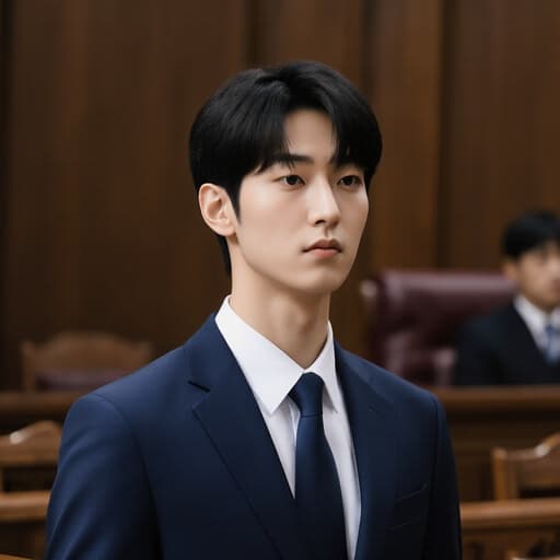 10대 초반의 한국인 남성이 네이비 블루 수트와 화이트 셔츠를 입고 전통적인 법정에서 변호사로서 인사하는 자세를 취하고 있습니다. 그의 무관심한 표정은 장면에 깊이를 더하며, 배경에는 의자와 판사가 보입니다.