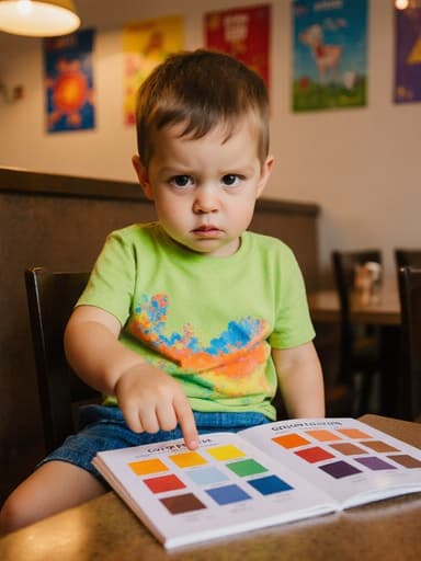 아늑한 카페에 앉아 있는 귀여운 3세 백인 남아의 반신 사진입니다. 그는 밝은 색상의 티셔츠와 반바지를 입고 있으며, 색깔을 배우고 싶어하는 불안한 표정을 짓고 있습니다. 그의 눈빛은 호기심으로 가득 차 있으며, 앞에 있는 색깔 책의 페이지를 손가락으로 가리키고 있습니다. 주변의 벽에는 색깔 학습에 적합한 다양한 포스터가 붙어 있습니다.