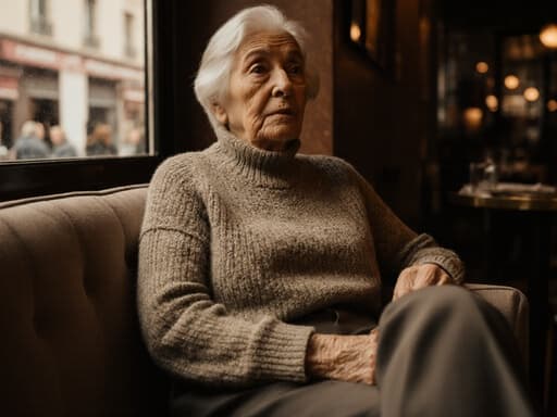 70대의 유럽계 여성의 반신 사진으로, 자연스러운 외모를 가진 모델이 아늑한 카페의 편안한 소파에 앉아 있습니다. 그녀는 편안한 니트 스웨터와 슬랙스를 착용하고 있으며, 손자를 그리워하는 감정이 담긴 외로운 표정을 짓고 있습니다. 배경은 따뜻한 카페 내부로, 창 밖으로 사람들의 모습이 보이는 모습이 담겨 있어 향수와 그리움의 분위기를 더하고 있습니다.