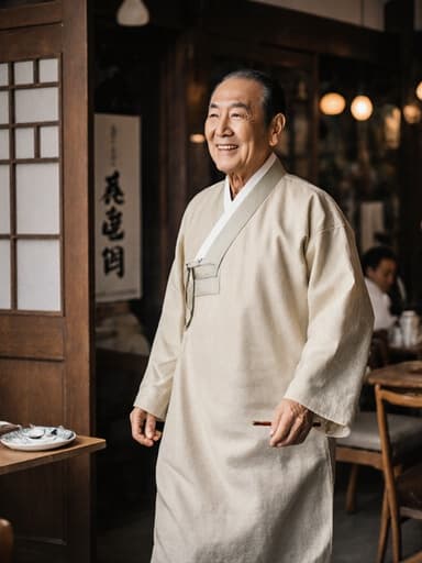 전통 한복을 입은 70세 아시아계 남성이 따뜻한 미소를 지으며 한 손에는 공예 도구를 들고 여유롭게 걷고 있는 모습의 전체 신체 촬영. 아늑한 카페 배경은 전통적인 요소와 현대적인 요소가 조화를 이루고 있습니다.