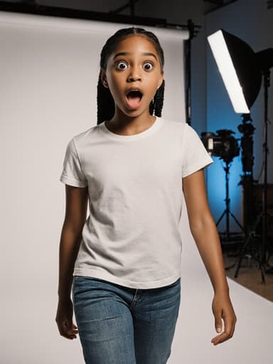 혼혈의 10대 초반 소녀가 캐주얼한 티셔츠와 청바지를 입고 놀란 표정을 지으며 눈을 크게 뜨고 카메라를 향해 걸어가는 모습의 반신 사진. 사진관은 다양한 배경과 조명이 준비되어 있어 생동감 넘치는 사진 촬영의 분위기를 전달합니다.