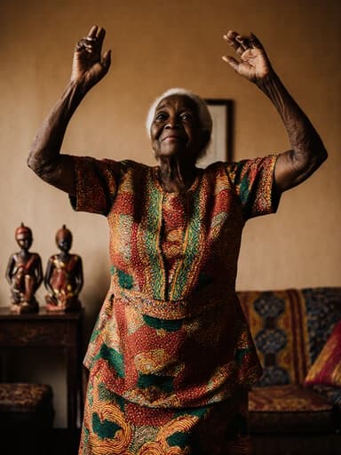 전통 아프리카 의상을 입고, 피곤하지만 여전히 즐거움을 느끼는 표정을 지은 80대 아프리카계 여성의 반신 사진. 따뜻한 색감의 전통 아프리카 장식이 있는 거실에서 춤추는 자세를 취하고 있습니다.
