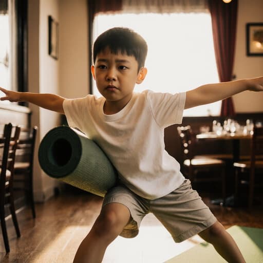 귀여운 외모의 7세 아시아계 남성이 편안한 티셔츠와 반바지를 입고 반신샷으로 포착되었습니다. 그는 요가 매트를 들고 팔을 앞으로 뻗으며 자세를 취하려고 하는데, 짜증난 표정을 짓고 있습니다. 이 장면은 테이블과 의자가 배치된 아늑한 카페 내부에서 촬영되었으며, 창문을 통해 햇빛이 비치고 따뜻하고 초대하는 분위기를 만들어냅니다.