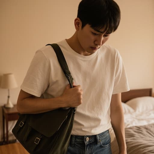 30대 동양인 남성이 자연스러운 외모로 캐주얼한 티셔츠와 청바지를 입고, 어깨에 메고 있는 가방의 끈을 잡고 절망한 표정을 짓고 있는 반신 사진. 배경은 침대와 책상이 있는 아늑한 침실로, 친근하고 친밀한 분위기를 만들어냅니다.