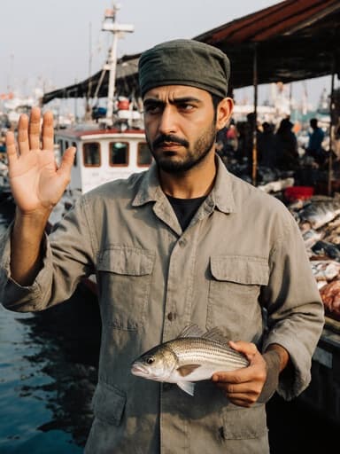 어업용 작업복과 모자를 착용한 젊은 중동계 남성 모델의 전신 사진으로, 한 손으로 인사하며 다른 손에 물고기를 잡고 있는 모습입니다. 배경은 어선이 정박해 있는 번화한 항구와 어시장이 어우러져 역동적인 해양 환경을 조성하고 있습니다.
