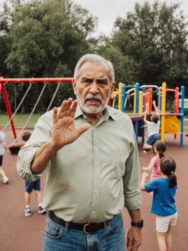 60세 라틴계 남성이 편안한 셔츠와 청바지를 입고, 화난 표정을 지으며 아이들에게 경고하는 모습이 담긴 반신 샷입니다. 그의 손은 아이들의 주목을 끌기 위해 들려 있으며, 배경에는 다채로운 장난감과 그네가 있는 활기찬 놀이터가 펼쳐져 있어 그의 진지한 표정과 즐거운 분위기가 강하게 대비됩니다.