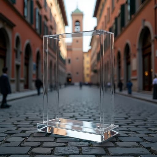 이탈리아의 자갈 광장에 투명 아크릴 정리함이 있으며, 역사적인 건물들로 둘러싸여 있습니다. 차분하고 매력적인 분위기입니다.