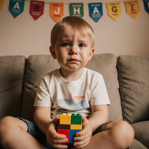 아늑한 거실에 앉아 있는 귀엽고 순수한 외모의 3세 유럽계 남아의 반신 촬영. 그는 티셔츠와 반바지를 입고 있으며, 슬픈 표정으로 울고 있는 모습이고, 손에는 다채로운 블록을 쥐고 있다. 배경에는 알파벳과 색깔이 적힌 교육 포스터가 있어, 따뜻하고 보살피는 환경을 만들어준다. 부드러운 조명이 감정적인 분위기를 강조하며, 아이의 순수함과 연약함을 부각시킨다.