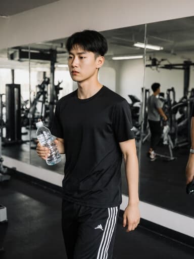 10대 초반의 동양인 남성이 운동복을 입고 물병을 들고 체육관을 걷고 있으며, 운동에 대한 불만을 표현하는 표정을 짓고 있습니다. 배경에는 다양한 운동 기구와 거울이 있어 그의 감정과 환경과의 상호작용을 강조합니다.
