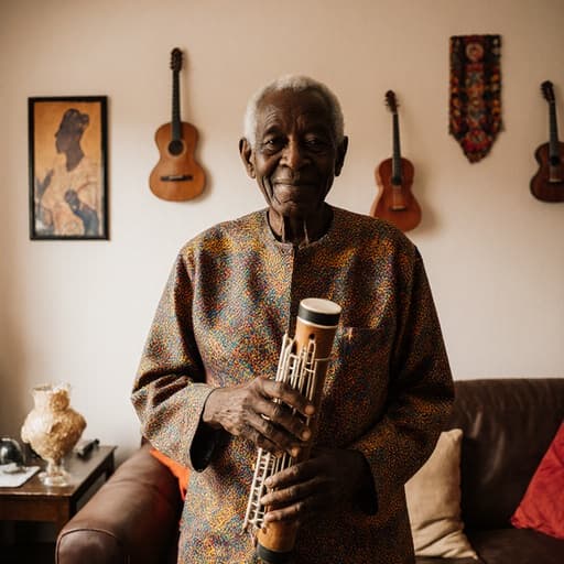 전통 아프리카 의상을 입고 전통 악기를 들고 있는 80대 흑인 남성의 반신 사진. 만족스러운 미소를 지으며 음악 관련 장식이 있는 아늑한 거실에서 촬영된 모습.