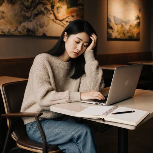 20대 한국인 여성이 아늑한 카페에서 편안한 니트 스웨터와 청바지를 입고 앉아 있습니다. 그녀는 불안한 표정을 지으며 한 손으로 머리를 쥐고 노트북과 노트를 바라보고 있습니다. 배경에는 예술적인 그림이 걸려 있어, 그녀의 사색적인 자세와 조화를 이루는 매력적인 분위기를 자아냅니다.