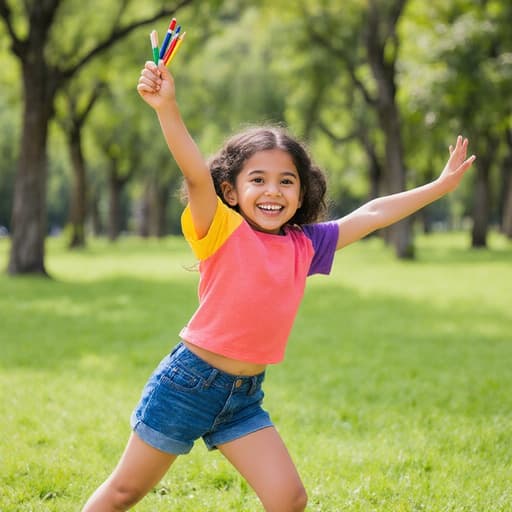 7세 라틴계 여성의 귀여운 외모를 가진 반신 촬영으로, 밝은 색상의 티셔츠와 반바지를 입고 그림 도구를 들고 스트레칭하는 장난기 가득한 자세를 취하고 있습니다. 그녀의 즐거운 미소는 푸른 잔디와 나무가 우거진 공원의 배경 속에서 행복을 발산합니다.