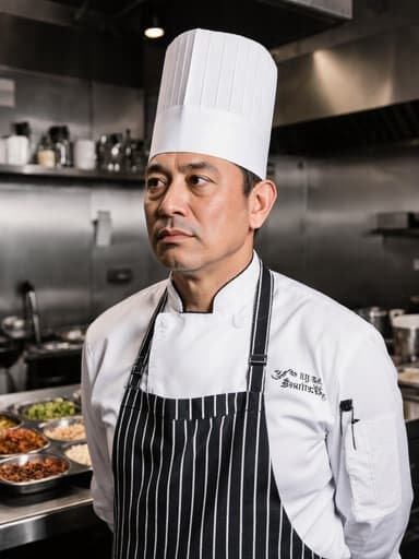 40대 혼혈 남성이 셰프 유니폼과 모자를 착용하고, 조리대 앞에 서서 음식 품질 관리에 대한 깊은 생각에 잠겨 있는 고심하는 표정을 지으며, 깔끔하게 정돈된 주방과 음식 재료들이 있는 환경에서 촬영한 반신 사진.