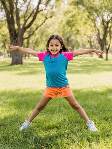 햇살이 비추는 공원에서 화사한 티셔츠와 반바지를 입고 즐겁게 스트레칭하는 7세 라틴계 소녀의 반신 사진. 그녀는 자연스러운 외모와 활기찬 표정을 지니고 있습니다.