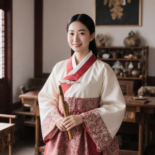 전통 한복을 입은 젊은 한국 소녀가 자신감 있는 표정을 지으며 전통 한국 거실을 걸어가며 목공 도구를 들고 있습니다. 배경은 나무로 된 가구와 소품들이 배치되어 있어 문화유산을 강조하는 따뜻하고 매력적인 분위기를 자아냅니다.