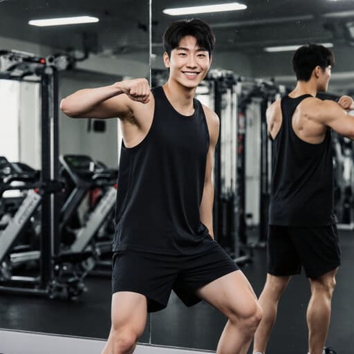 이 이미지는 10대 후반의 건강한 한국 남성이 운동복을 입고 긍정적인 표정으로 헬스장에서 운동 준비를 하는 반신 사진을 보여줍니다. 모던한 피트니스 센터의 다양한 운동 기구가 배치되어 있습니다.