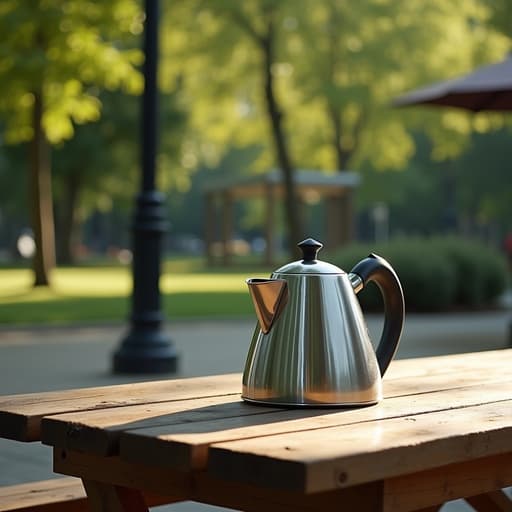 현대적인 도시 공원에 있는 나무 테이블 위의 폴리쉬 스테인리스 스틸 주전자, 푸른 식물들이 둘러싸인 평화롭고 상쾌한 분위기를 연출합니다.