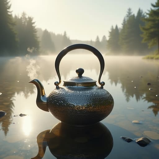 주전자, 고요한 호수 위로 피어오르는 물안개, 차분하고 평화로운 이른 아침