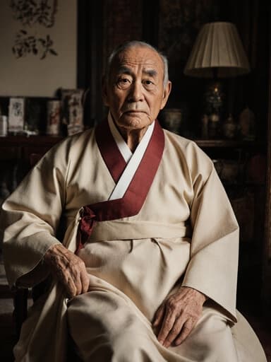 70대 백인 남성이 부드러운 색감의 전통 한복을 입고 아늑한 거실에 앉아 있습니다. 전통적인 장식으로 꾸며진 거실에서 깊은 주름과 자연스러운 외모가 슬픈 표정을 더욱 강조하며, 한복의 끝자락을 가볍게 잡고 있는 모습에서 감정의 깊이가 느껴집니다.