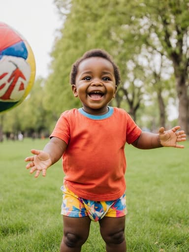 화사한 색상의 티셔츠와 반바지를 입고 즐겁게 웃고 있는 1살 아프리카계 여성 아기의 반신 사진. 공을 기다리며 두 손을 앞으로 내밀고 있는 모습이 푸른 잔디와 나무가 있는 공원 배경에 어우러져 있습니다.