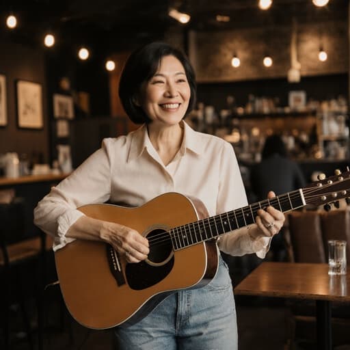 50대 한국인 여성의 반신 사진으로, 편안한 블라우스와 청바지를 입고 기타를 들고 매력적인 미소를 지으며 아늑한 카페 분위기에서 음악을 즐기는 모습입니다.