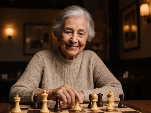 70대의 라틴계 여성이 편안한 니트 스웨터와 슬랙스를 입고 아늑한 카페에서 체스판과 상호작용하며 부드럽게 미소 짓고 있습니다. 따뜻한 조명이 매력적인 분위기를 더하며, 게임에 대한 사려 깊은 참여의 아름다움을 강조합니다.