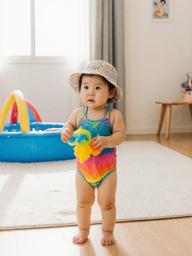밝은 색상의 수영복과 방수 모자를 쓴 1세 한국인 여성 아기가 물놀이 장난감을 들고 불안한 표정으로 주변을 살피고 있는 모습의 전신 샷. 쾌적한 거실에 작은 풀장이 놓여 있어 즐거운 분위기를 자아냅니다.