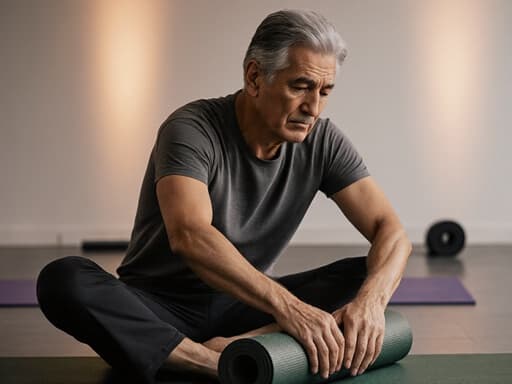 40대 혼혈 남성이 편안한 요가 복을 입고 요가 매트를 정리하는 모습의 반신 사진, 아늑하고 조용한 요가 스튜디오에서 차분하면서도 약간 지루한 표정을 짓고 있는 모습.