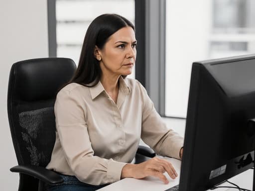 40대 라틴계 여성의 반신 사진, 현대적인 사무실 책상에 앉아 집중하여 컴퓨터 작업을 하고 있습니다. 그녀는 편안한 블라우스와 청바지를 입고 있으며, 캐주얼하면서도 전문적인 느낌을 줍니다. 그녀의 표정은 약간 찡그린 모습으로 화면을 응시하며 집중하고 있는 모습을 나타냅니다. 배경은 세련되고 현대적인 사무실 환경으로, 전체적으로 생산적인 분위기를 강조합니다.