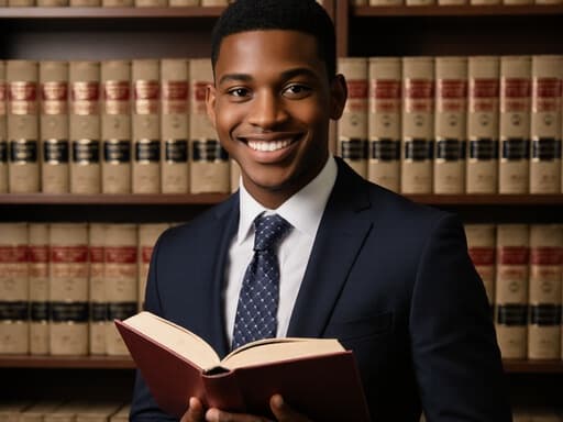 세련된 정장과 넥타이를 입은 초등학생 흑인 남성이 법률 서적을 들고 밝게 웃고 있는 모습으로, 법률 사무실의 책장이 배경에 있습니다. 그의 즐거운 표정은 야망과 자신감을 나타내어 이미지가 전문적이면서도 영감을 줍니다.