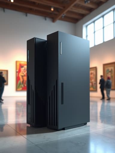 밝고 현대적인 예술 갤러리의 게임 콘솔, 디지털 기기, 벽에 있는 다채로운 예술 작품과 광택 있는 바닥이 있는 분위기를 만들어 냅니다.