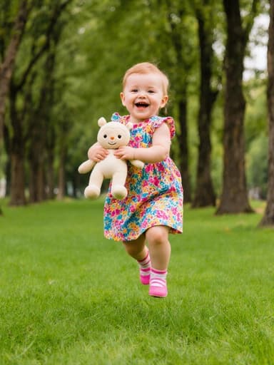 밝은 색상의 드레스와 양말을 입고 인형을 두 손으로 쥐고 점프하는 1세 백인 여성 아기의 전신 사진. 순수한 미소를 지으며 행복해하는 모습으로, 푸른 잔디와 나무가 있는 공원 배경 속에 담겨 있습니다.