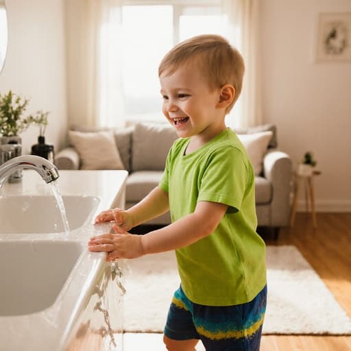 밝은 색상의 티셔츠와 반바지를 입은 귀여운 3세 유럽계 남아가 세면대 쪽으로 즐겁게 걸어가며 손을 씻는 모습의 반신 촬영. 밝고 아늑한 거실에서 창문을 통해 햇빛이 비추어 따뜻하고 행복한 분위기를 만들어냅니다.