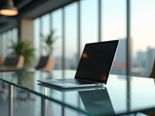 현대적인 사무실의 유리 테이블 위의 태블릿, 전문적이고 현대적인 기분.