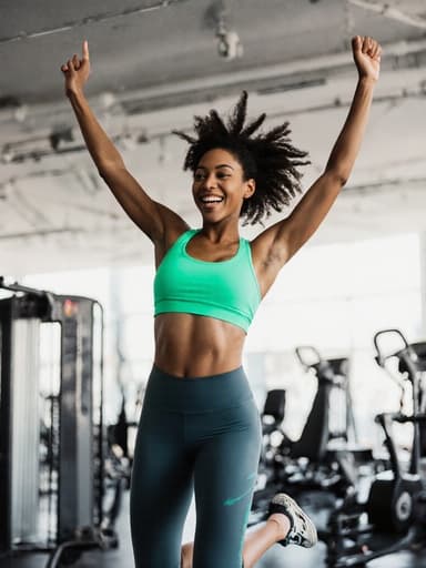 20대 혼혈 여성의 건강하고 활기찬 외모가 드러나는 풀 바디 샷에서, 그녀는 밝은 색상의 운동복을 입고 있으며 탱크탑과 레깅스를 착용하고 있습니다. 그녀는 팔을 위로 올리며 즐겁게 점프하고 있어, 활기찬 모습이 잘 나타나고 있습니다. 배경은 다양한 운동 기구들이 배치된 현대적인 헬스장으로, 운동의 분위기를 강조합니다. 이 이미지는 긍정적이고 동기부여가 되는 에너지를 방출하며, 활동적인 라이프스타일의 정신을 잘 담고 있습니다.