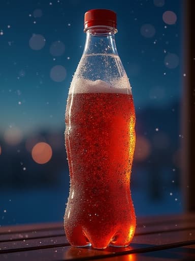 탄산음료 페트병, 투명 PET, 응축 물방울, 유리 같은 질감, 반짝이는 별, 부드러운 보케 효과, 저녁 분위기